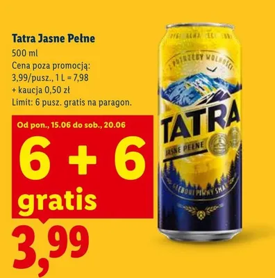 Piwo Tatra Jasne Pełne promocja w Lidl