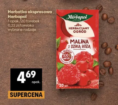 Herbatka ekspresowa Herbapol Herbaciany Ogród Malina z dziką różą promocja w Delikatesy Centrum