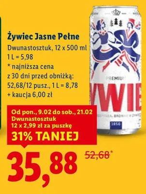 Piwo Żywiec Jasne Pełne 12 x 500 ml promocja w Lidl
