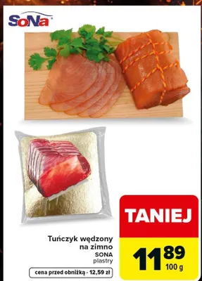 Tuńczyk wędzony na zimno w plastrach Sona promocja w Carrefour Market