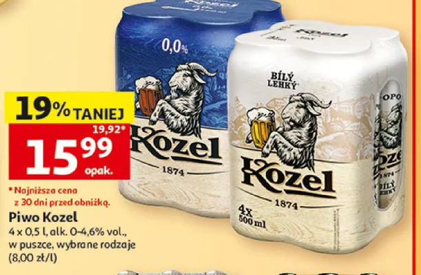 Piwo Kozel Bílý Lehký 4-pak 500 ml promocja w Auchan