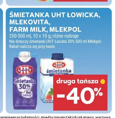 Śmietanka UHT Łowicka, Mlekovita, Farm Milk, Mlekpol promocja w Stokrotka