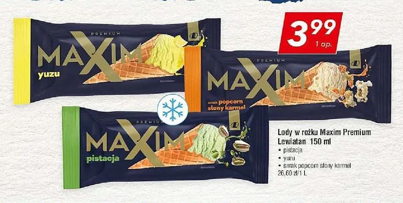Lody w rożku Maxim Premium smak popcorn słony karmel Lewiatan promocja w LEWIATAN