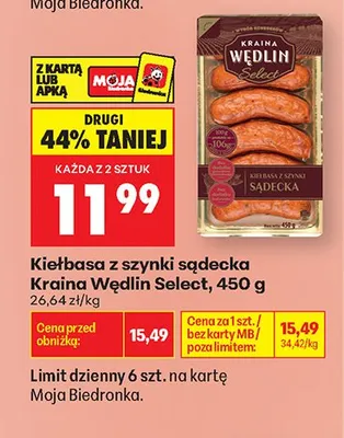 Kiełbasa z szynki sądecka Kraina Wędlin Select promocja w Biedronka