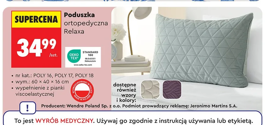 Poduszka ortopedyczna Relaxa wym.: 60x40x16cm promocja w Biedronka