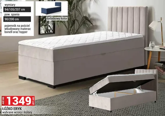 Łóżko Eryk 94x105x207cm powierzchnia spania 90x200cm pojemnik na pościel wbudowany materac bonell oraz topper wybrane wzory i kolory promocja w Merkury Market