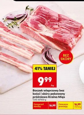 Boczek wieprzowy bez kości i skóry pakowany próżniowo Kraina Mięs promocja w Biedronka