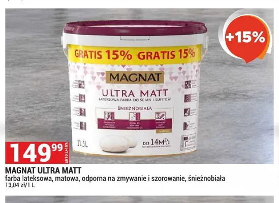 Farba lateksowa matowa odporna na zmywanie i szorowanie śnieżnobiała Magnat Ultra Matt promocja w Merkury Market