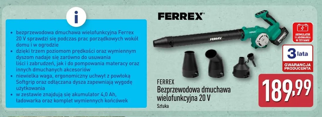 Bezprzewodowa dmuchawa wielofunkcyjna Ferrex promocja w Aldi
