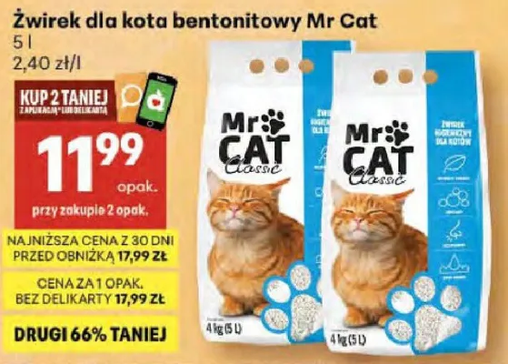 Żwirek dla kota bentonitowy Mr Cat promocja w Delikatesy Centrum