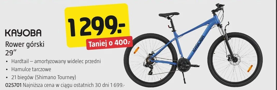 Rower górski Kayoba 29" Hardtail amortyzowany widelec przedni hamulce tarczowe 21 biegów Shimano Tourney 025701 promocja w Jula