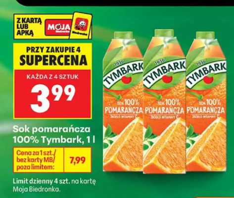 Sok pomarańczowy 100% Tymbark promocja w Biedronka