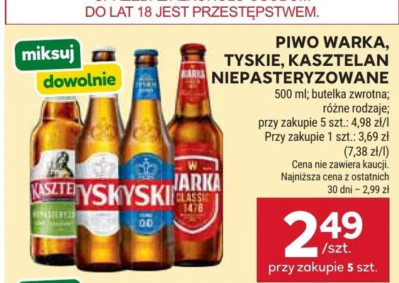 Piwo Warka, Tyskie, Kasztelan niepasteryzowane różne rodzaje promocja w Stokrotka