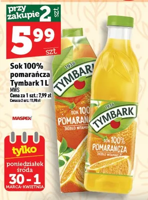 Sok 100% pomarańcza Tymbark 1l promocja w TOPAZ