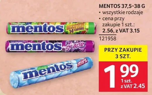 Mentos 37,5-38 g wszystkie rodzaje przy zakupie 3 szt. promocja w Selgros