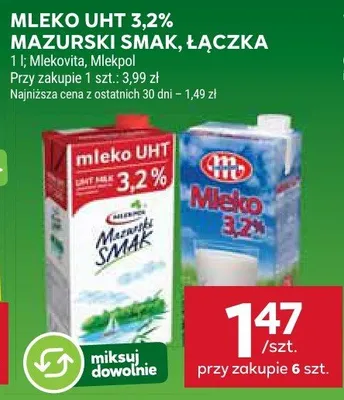 Mleko UHT 3,2% mazurski smak, Łączka promocja w Stokrotka