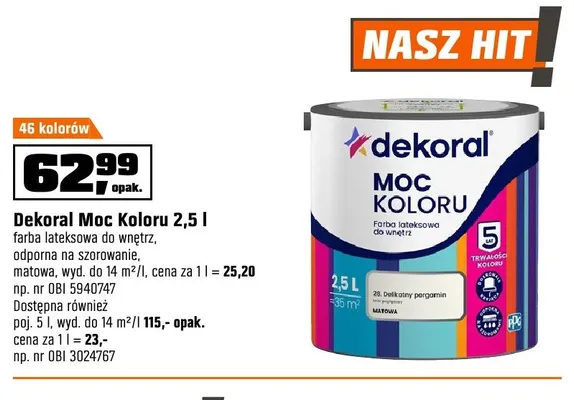 Farba lateksowa do wnętrz Dekoral Moc Koloru 5l promocja w OBI