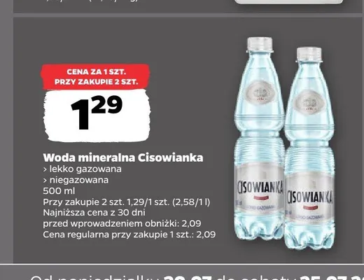 Woda mineralna niegazowana Cisowianka promocja w Netto