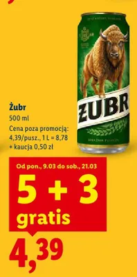 Piwo Żubr 5+3 GRATIS promocja w Lidl