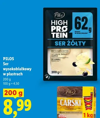 Ser żółty wysokobiałkowy w plastrach Pilos High Protein promocja w Lidl