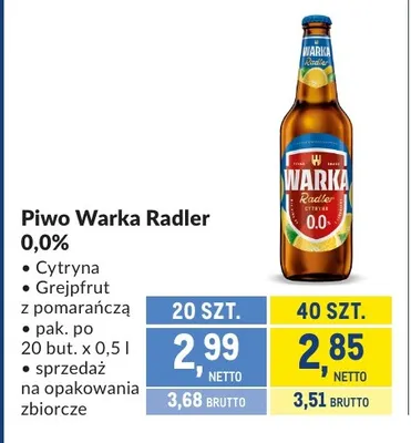 Piwo bezalkoholowe Warka Radler Grejpfrut z pomarańczą promocja w Makro