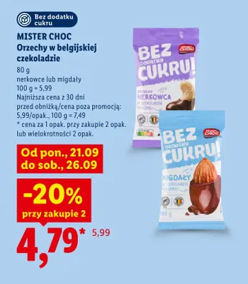 Orzechy nerkowca w belgijskiej czekoladzie bez dodatku cukru Mister Choc promocja w Lidl