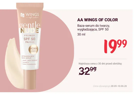 Baza-serum do twarzy wygładzająca SPF 50 AA WINGS OF COLOR promocja w Rossmann