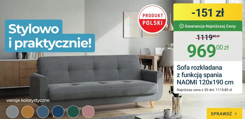 Sofa rozkładana z funkcją spania NAOMI 120x190cm promocja w ERLI