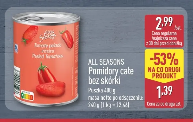 Pomidory całe bez skórki All Seasons promocja w Aldi