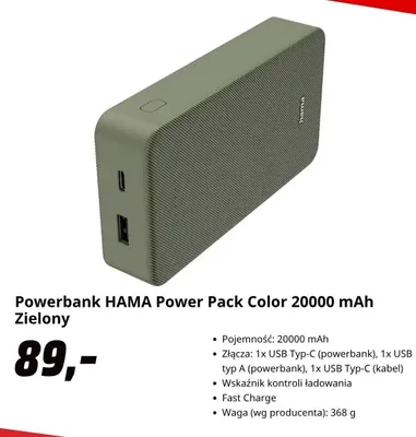 Powerbank Hama Power Pack Color 20000mAh Zielony promocja w Media Markt