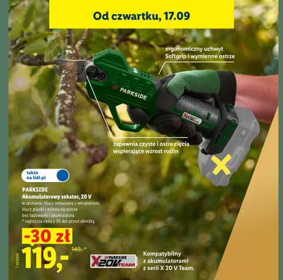 Akumulatorowy sekator 20V Parkside promocja w Lidl