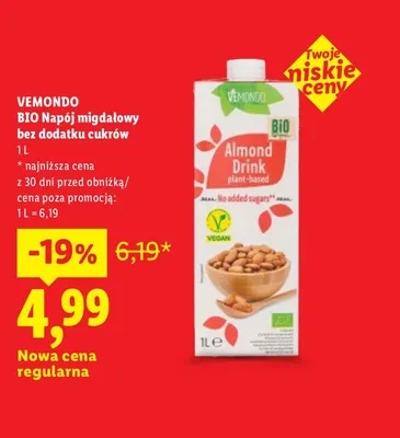 Napój migdałowy bez dodatku cukrów Vemondo promocja w Lidl
