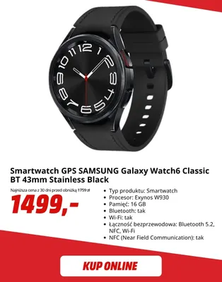 Smartwatch Gps Samsung Galaxy Watch6 Classic Bt 43 mm Stainless Black promocja w Media Markt