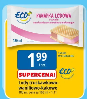Kanapka lodowa €Co+ o smaku truskawkowo-waniliowo-kakaowym promocja w Leclerc