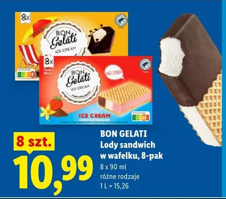 Lody sandwich w wafelku Bon Gelati 8-pak 90ml promocja w Lidl