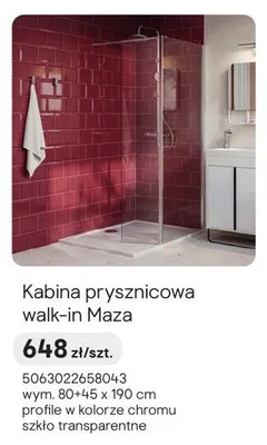 Kabina prysznicowa walk-in Maza promocja w Castorama