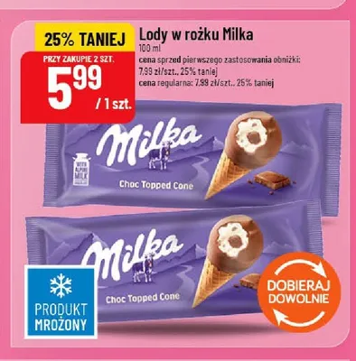 Lody w rożku Milka Choc Topped Cone promocja w POLOmarket