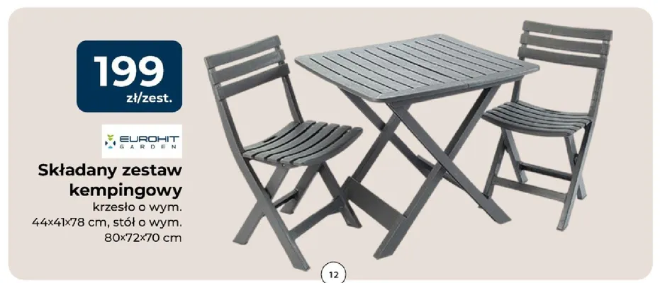 Składany zestaw kempingowy EUROHIT GARDEN krzesło o wym. 44x41x78cm, stół o wym. 80x72x70cm promocja w PSB Mrówka
