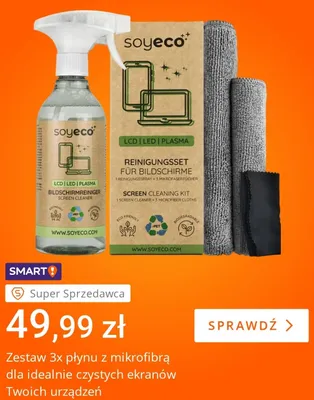 Zestaw płynu do czyszczenia ekranów z mikrofibrą Soyeco 3-pak promocja w Allegro