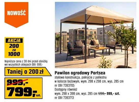 Pawilon ogrodowy Portsea stalowa konstrukcja, pokrycie z poliestru w kolorze beżowym, wym. 298x298cm, wys. 285cm nr OBI 7393775 promocja w OBI