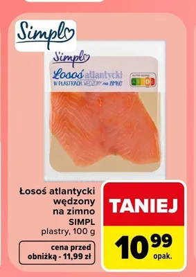 Łosoś atlantycki wędzony na zimno plastry Simpl promocja w Carrefour Market