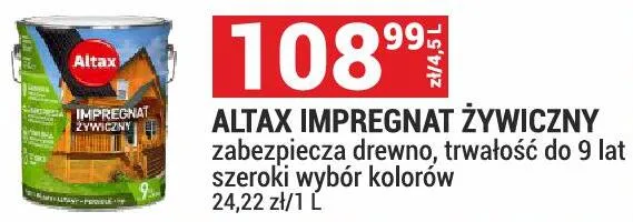Impregnat żywiczny zabezpiecza drewno, trwałość do 9 lat szeroki wybór kolorów 24,22 zł/1 l promocja w Merkury Market
