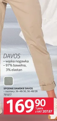 Spodnie damskie DAVOS, rozmiary 36-48/30, 36-48/28, wąska nogawka, 97% bawełna, 3% elastan promocja w Selgros