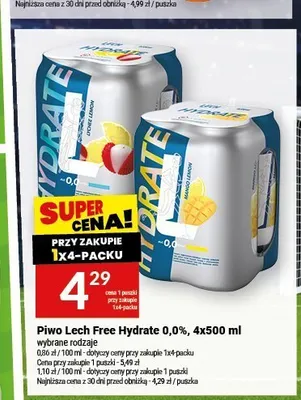 Piwo bezalkoholowe Lech Free Hydrate Lychee i Cytryna 4-pak 500 ml promocja w Twój Market
