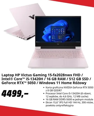 Laptop Hp Victus Gaming 15-fa2028nwx Fhd / Intel Core i5-13420H / 16 Gb Ram / 512 Gb Ssd / GeForce Rtx 5050 / Windows 11 Home Różowy promocja w Media Markt