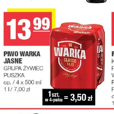 Piwo Warka 4-pak 500 ml promocja w SPAR