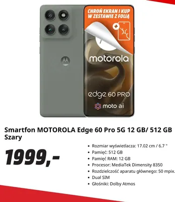 Smartfon Motorola Edge 60 Pro 5 g 12 GB/ 512 Gb Szary promocja w Media Markt