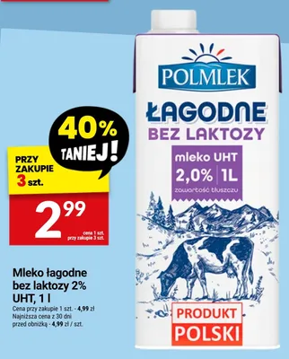 Mleko łagodne bez laktozy 2% UHT Polmlek promocja w Twój Market