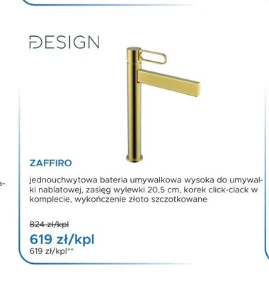 Bateria umywalkowa wysoka Design Zaffiro złoto szczotkowane promocja w Blu Salony Łazienek