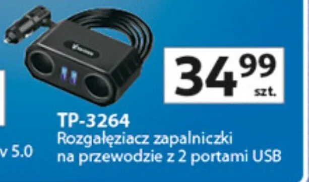Rozgałęziacz zapalniczki na przewodzie z 2 portami USB promocja w Auchan